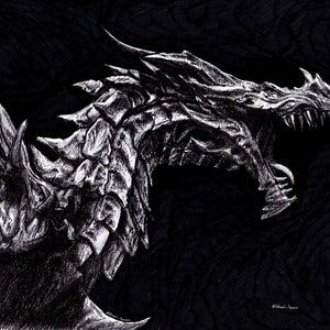 Print - biro drawing - The Elder Scrolls Skyrim dragon, sizes 8&quot; x 12&quot; to poster