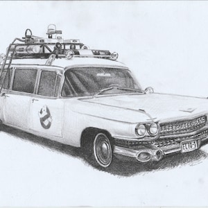 Print - pencil drawing - Ghostbusters Ecto-1 - sizes 8&quot; x 12&quot; to poster