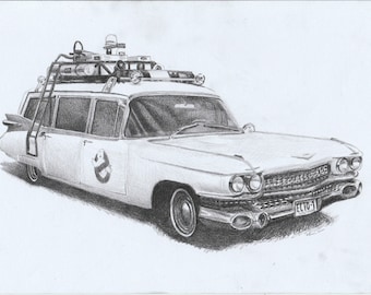 Print - pencil drawing - Ghostbusters Ecto-1 - sizes 8" x 12" to poster