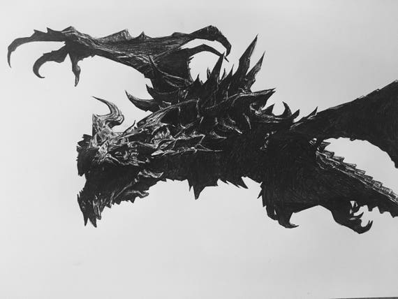 Print Biro Drawing The Elder Scrolls Skyrim Dragon Sizes Etsy