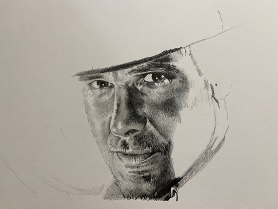 オリジナルの鉛筆画 - インディ・ジョーンズ役のハリソン・フォード