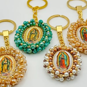 Our Lady of Guadalupe double-sided Keychain crystal beaded.Llavero de cristales de la Virgen Maria imagen ambos lados.Bag charm. Virgin Mary