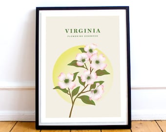Virginia Print – Virginia State Flower Poster, Dogwood Illustration, Virginia Poster, Dogwood Print, Virginia Gift, East Coast Travel Art