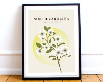 North Carolina Print – North Carolina State Flower Poster, Dogwood Flower Illustration, Flowering Dogwood Print, Carolina Gift, Travel Print