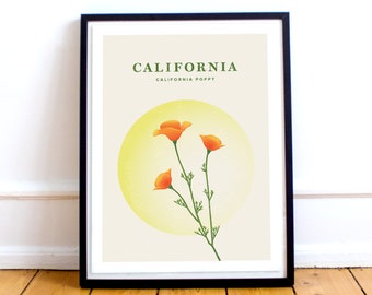 California Print – State Flower Poster, Flower Illustration, Poppy Art, California Gift, Cali Poster, Travel Print, Wildflower Print