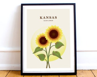 Kansas Print – Kansas State Flower Poster, Sunflower Illustration, Kansas Poster, Kansas Gift, Sunflower Print, Midwest Travel Art