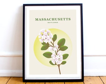 Massachusetts Print – State Flower Poster, Mayflower Illustration, Mass Poster, Massachusetts Gift, Mayflower Print, Northeast Travel Art