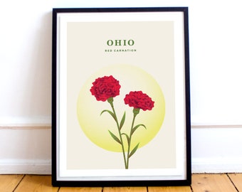 Ohio Print – State Flower Poster, Red Carnation Flower Illustration, Travel Art, Ohio Gift, Ohio Poster, Travel Print, Ohio Art, Flower Art