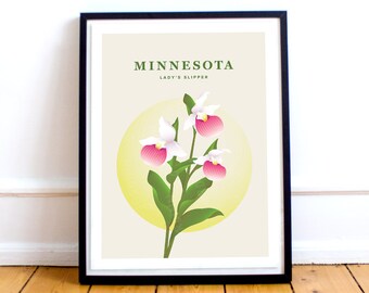 Minnesota Print – Minnesota State Flower Poster, Lady Slipper Flower Illustration, Lady's Slipper Print, Minnesota Gift, Midwest Travel Art