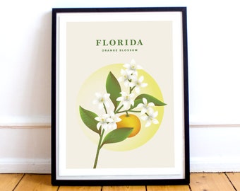 Florida Print – State Flower Poster, Orange Blossom Illustration, Florida Poster, Florida Flower Print, Florida Gift, America Travel Poster