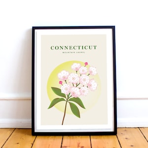 Connecticut Print – Connecticut State Flower Poster, Mountain Laurel Illustration, CT Poster, Connecticut Gift, New England Travel Art