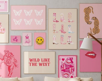Pink preppy cowgirl prints set of 14 printable art, maximalist wall art, gallery set, dorm wall decor, pink teen room, girls room