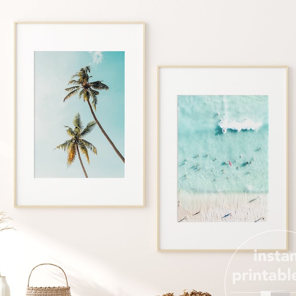 palm tree print set of 2 ocean wall art, beach prints, surf posters, printable wall art, beach house, coastal wall art,