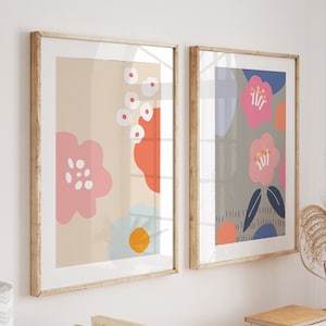 set of 2 abstract flowers, trendy wall art, printable wall art, pink and blue