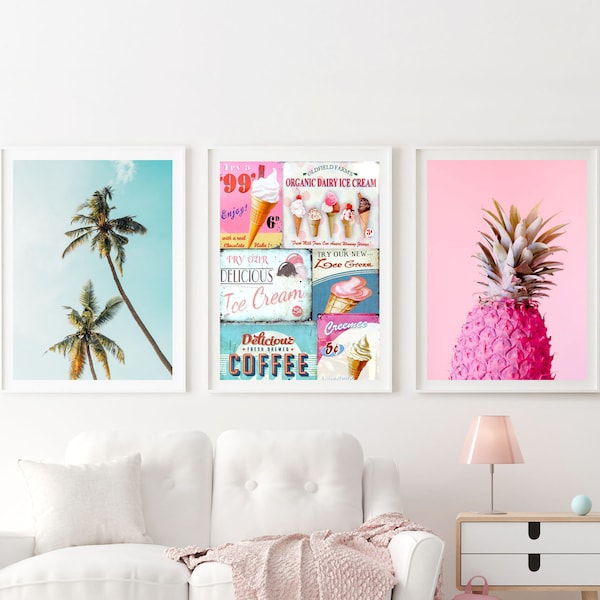 Set of 3, pink wall art, tropical beach, teen girl room decor, California wall art, printable art, pineapple, ice cream, downloadable, retro