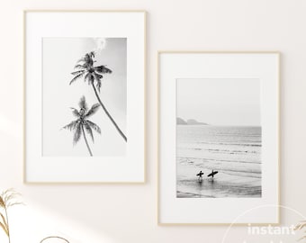 set of 2 beach prints, coastal art, minimalist, printable wall art, black and white