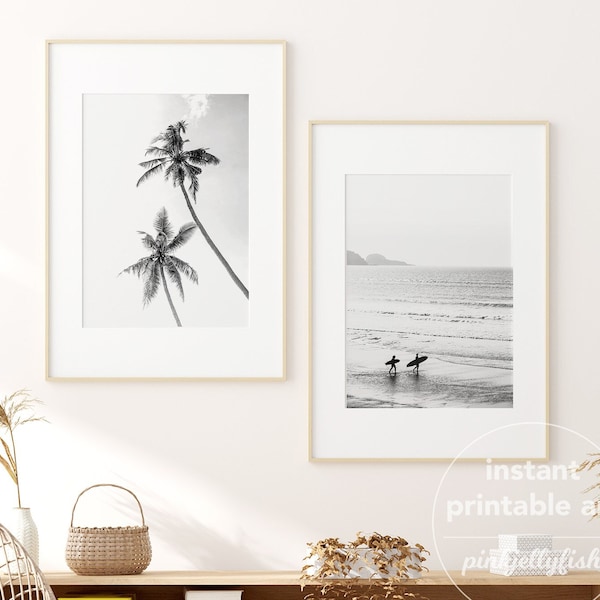set of 2 beach prints, coastal art, minimalist, printable wall art, black and white