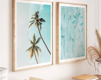 palm tree print set of 2 ocean wall art, beach prints, surf posters, printable wall art, beach house, coastal wall art,