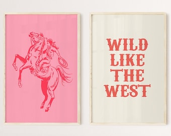 vintage cowgirl print set of 2, retro western aesthetic, printable wall art, teen cowgirl bedroom decor, pink preppy wall art, for dorm