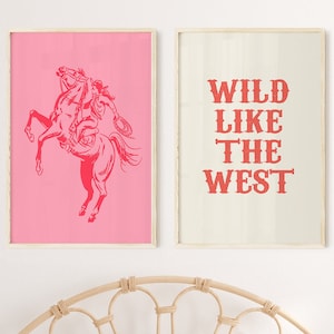 vintage cowgirl print set of 2, retro western aesthetic, printable wall art, teen cowgirl bedroom decor, pink preppy wall art, for dorm