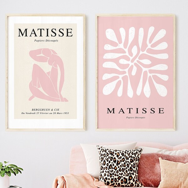 impression numérique Matisse imprime ensemble de 2, décor mural rose pastel, deux affiches d'exposition, au-dessus du lit, art mural imprimable