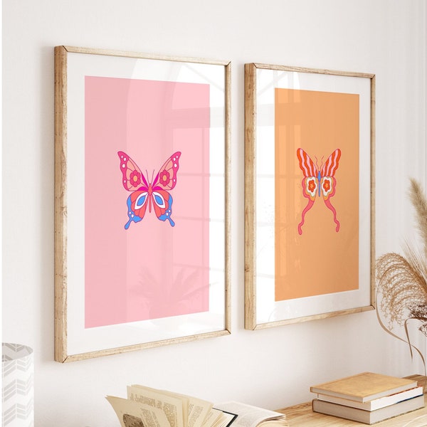 butterfly prints set of 2, digital art printable, pink girls room decor, cute butterfly wall art, digital download, farmhouse wall decor,