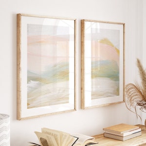 conjunto de 2 impressões de paisagens abstratas, arte de parede em tons pastéis, arte de parede para impressão, arte abstrata de montanha, digital, arte de paisagem, arte de casa no lago,