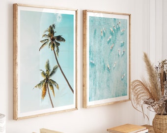 palm tree print set of 2 ocean wall art, beach prints, surf posters, printable wall art, beach house, coastal wall art,