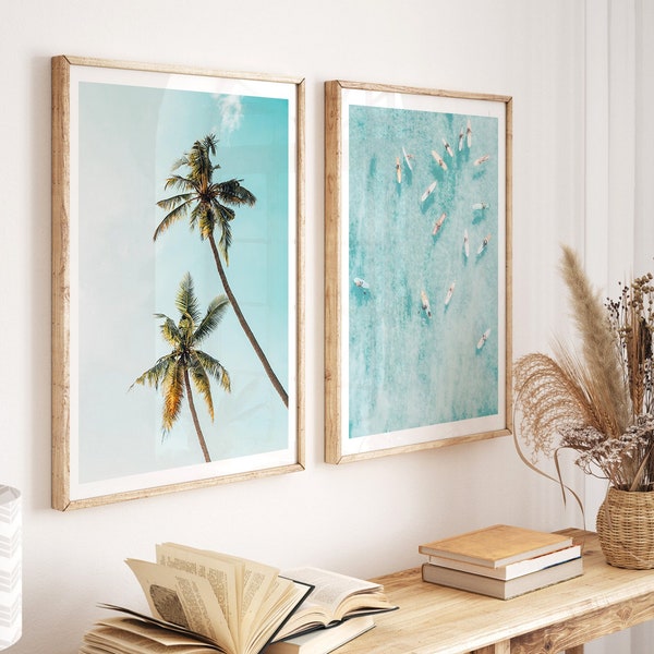 palm tree print set of 2 ocean wall art, beach prints, surf posters, printable wall art, beach house, coastal wall art,