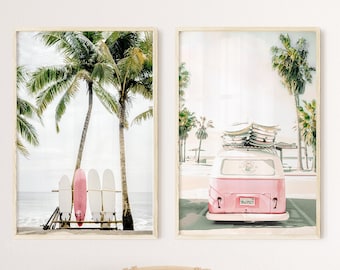 set of 2 beach prints, pink surfboard and van with palm trees print, printable wall art, ocean, summer print, california print, hawaii