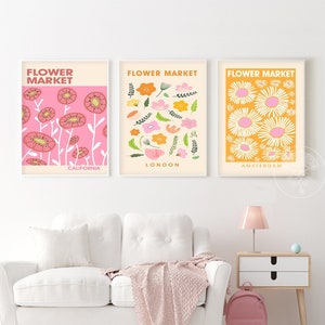 flower market poster print set of 3 piece wall art, California, boho room decor, above bed decor, printable wall art, orange pink,