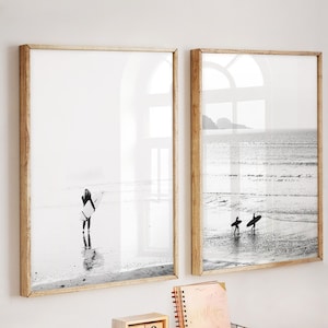 set of 2 surf prints, beach wall art, coastal art, minimalist, printable wall art, black and white