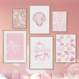 Pastell rosa Küstengalerie Wand, Set von 6 Drucksachen, Sommer Kunstdrucke, Strand digitale Kunst Download, mädchenhafte Wandkunst, trendiges Strandhaus