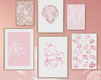 pastel pink coastal gallery wall, set of 6 printables, Summer Art prints, beachy digital art download, girly wall art, trendy beach house