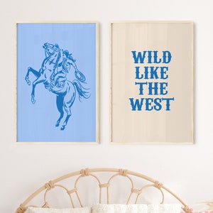 blue cowgirl print set of 2, retro western aesthetic, printable wall art, teen cowgirl bedroom decor, blue preppy wall art, for dorm