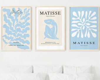 Matisse print set of 3 blue, pastel, preppy wall art, exhibition posters, above bed, printable wall art