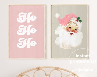 May include: Two printable Christmas art prints. The first print is pink with white text that says "Ho Ho Ho". The second print is beige with a vintage illustration of Santa Claus's face wearing a pink hat.