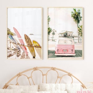 set of 2 beach prints, pink surfboard and kombi van print, printable wall art, wall art dorm, summer print, California print, hawaii