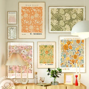 flower market prints set of 8 digital prints, William Morris, colorful floral botanical wall art, printable art bundle gallery wall set