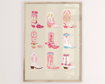 pastel cowboots print, western printable wall art, coastal cowgirl, teen cowgirl bedroom decor, preppy dorm room, pink preppy, tween