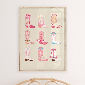 pastel cowboots print, western printable wall art, coastal cowgirl, teen cowgirl bedroom decor, preppy dorm room, pink preppy, tween