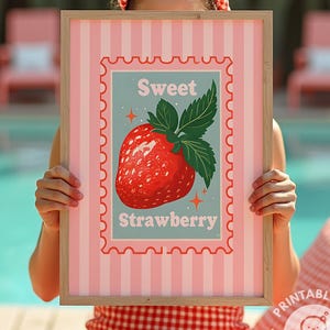 Erdbeeren Stempelbild, Streifen Muster, trendige Wandkunst, Wandkunst, Wohndekor, Küchenkunst, druckbare Kunst, Küsten Cowgirl, digitale Kunst,