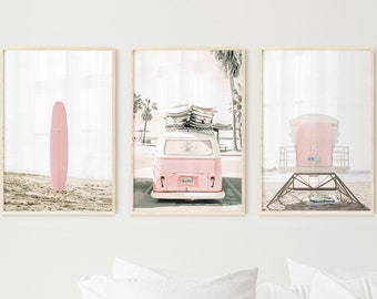 set of 3 beach prints pink kombi van, surfboard, tower, Y2K wall decor, teen girl room decor, 3 piece wall art coastal decor