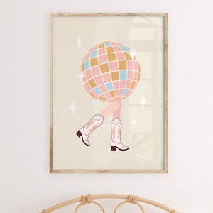 pink disco cowgirl print retro, preppy wall art, pastel Y2k, funky wall art, printable wall art, wall art for dorm, disco ball, teen girls