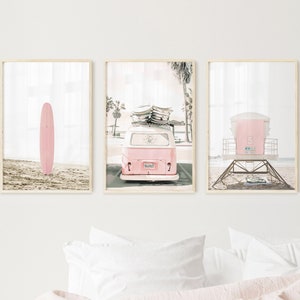 set of 3 beach prints pink kombi van, surfboard, tower, Y2K wall decor, teen girl room decor, 3 piece wall art coastal decor