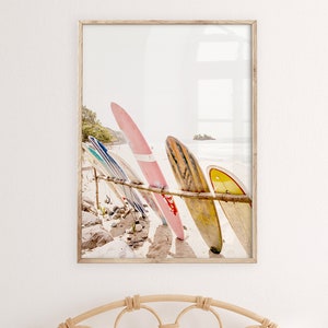 surfboards print, surf poster, printable art, beach wall art, coastal prints, pink wall art, teen girl room decor, colorful  digital art,
