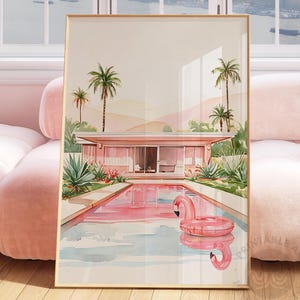 Swimming Pool Art, Pink Palm Springs print, retro girly wall art, printable, printable painting, beachy Summer art, mid century, palm trees