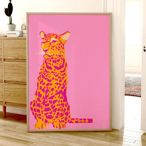 cheetah leopard print, pink colorful trendy printable wall art, bright preppy dorm room decor, animals pink and orange, teen girls