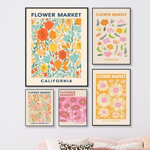 gallery wall set of 6,  college apartment decor, California flower market, dorm room decor preppy room decor colorful gallery wall printable