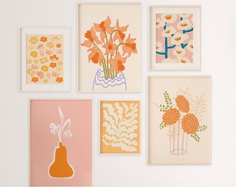orange flowers gallery wall prints set of 6, college apartment decor, orange flower market, dorm room decor, colorful gallery wall printable